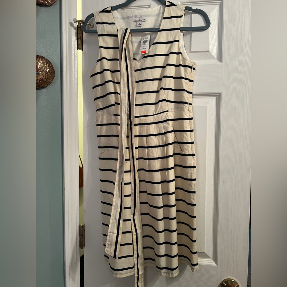 L.L. Bean Signature Dress Navy and White Stripped Cotton Dress